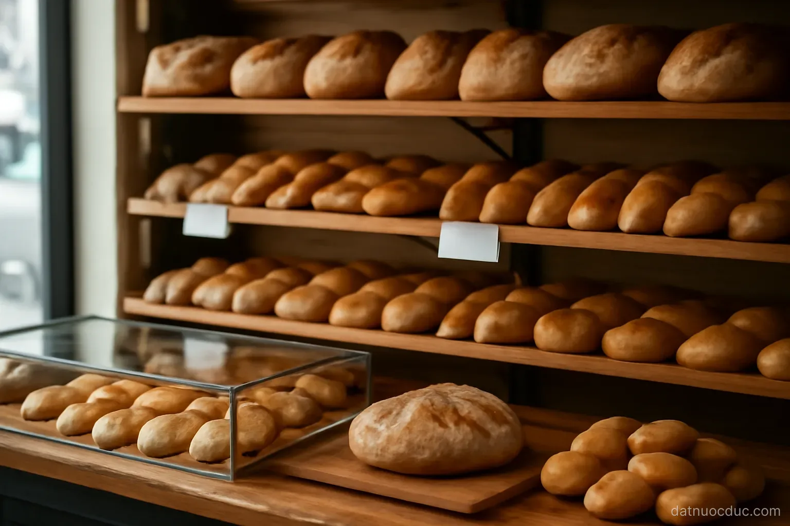 A bakery counter with many kinds of bread and rolls on shelves, no readable text