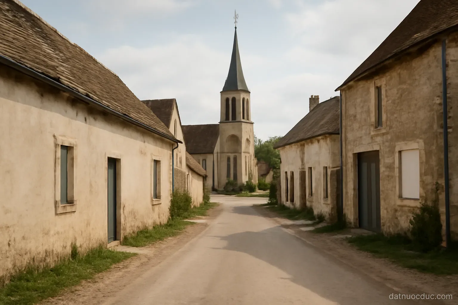 A rural village street with older houses and a church in the distance, no readable text