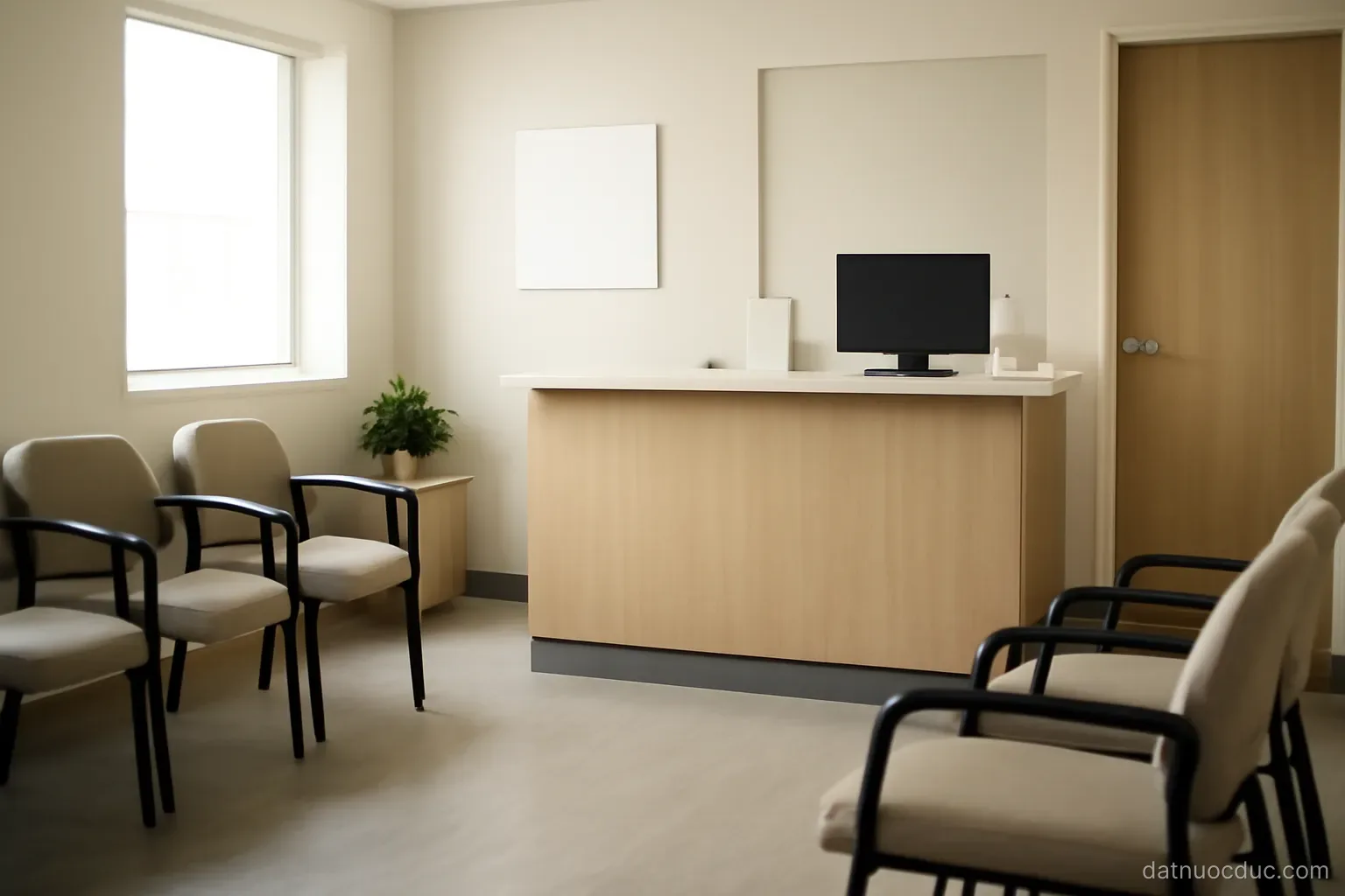 A doctor office waiting room with chairs and a reception counter, no readable text