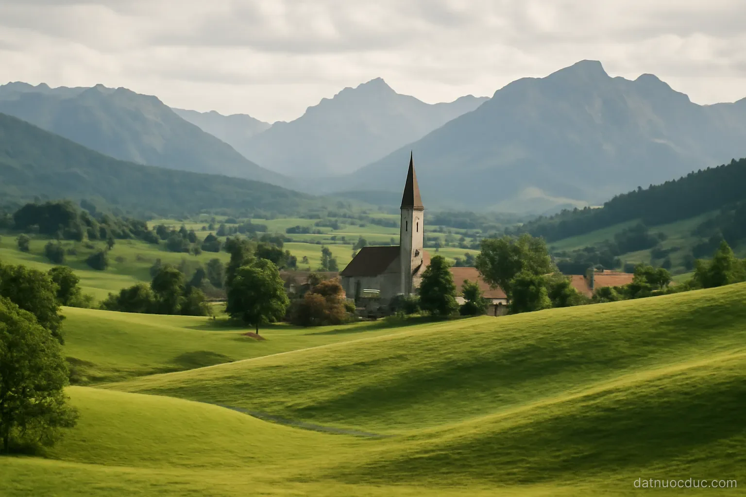 Rolling green hills with a village church steeple and mountains behind, wide landscape, no text