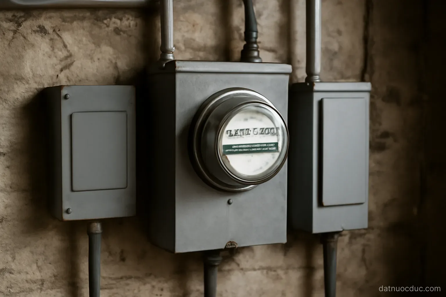 An electricity meter and utility boxes on a basement wall, no readable text
