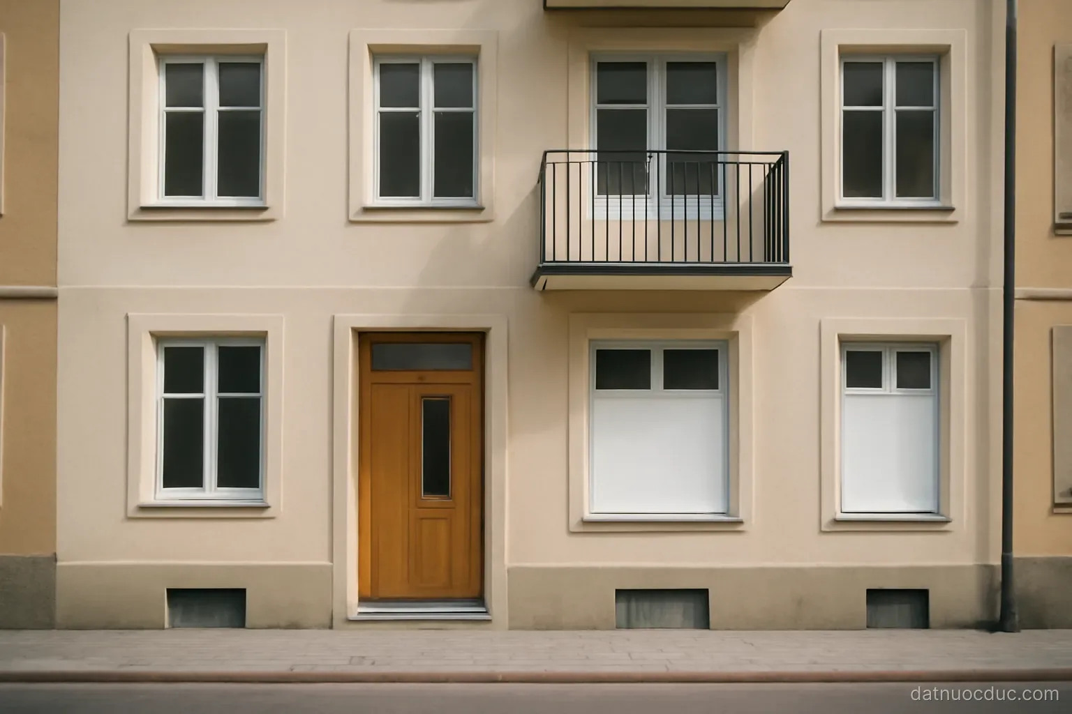 A renovated apartment building facade on a quiet street, eye level, no readable text