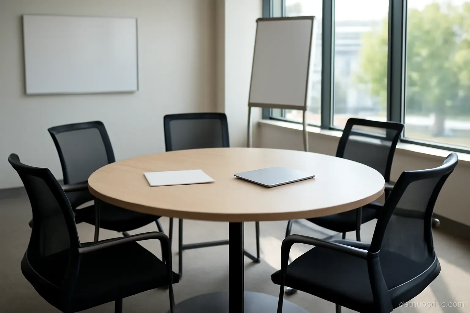 A meeting room with a round table and chairs in an office building, no readable text