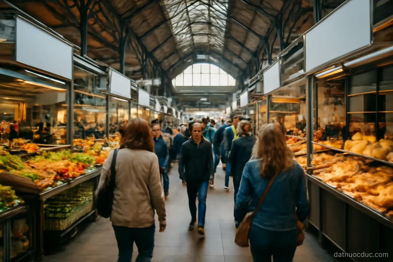 A busy indoor market hall with stalls and shoppers, wide interior view, no readable text