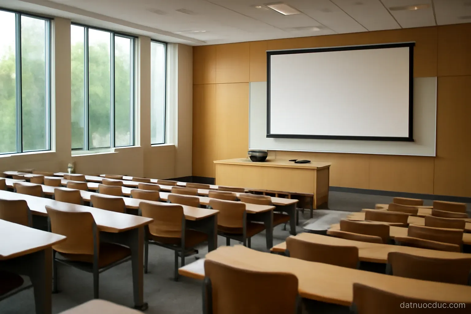A modern university lecture hall with tiered seating, interior view, no readable text