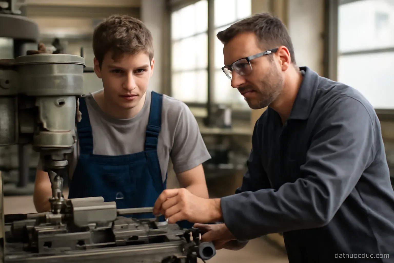 A workshop with a young apprentice and an instructor at a machine, no readable text