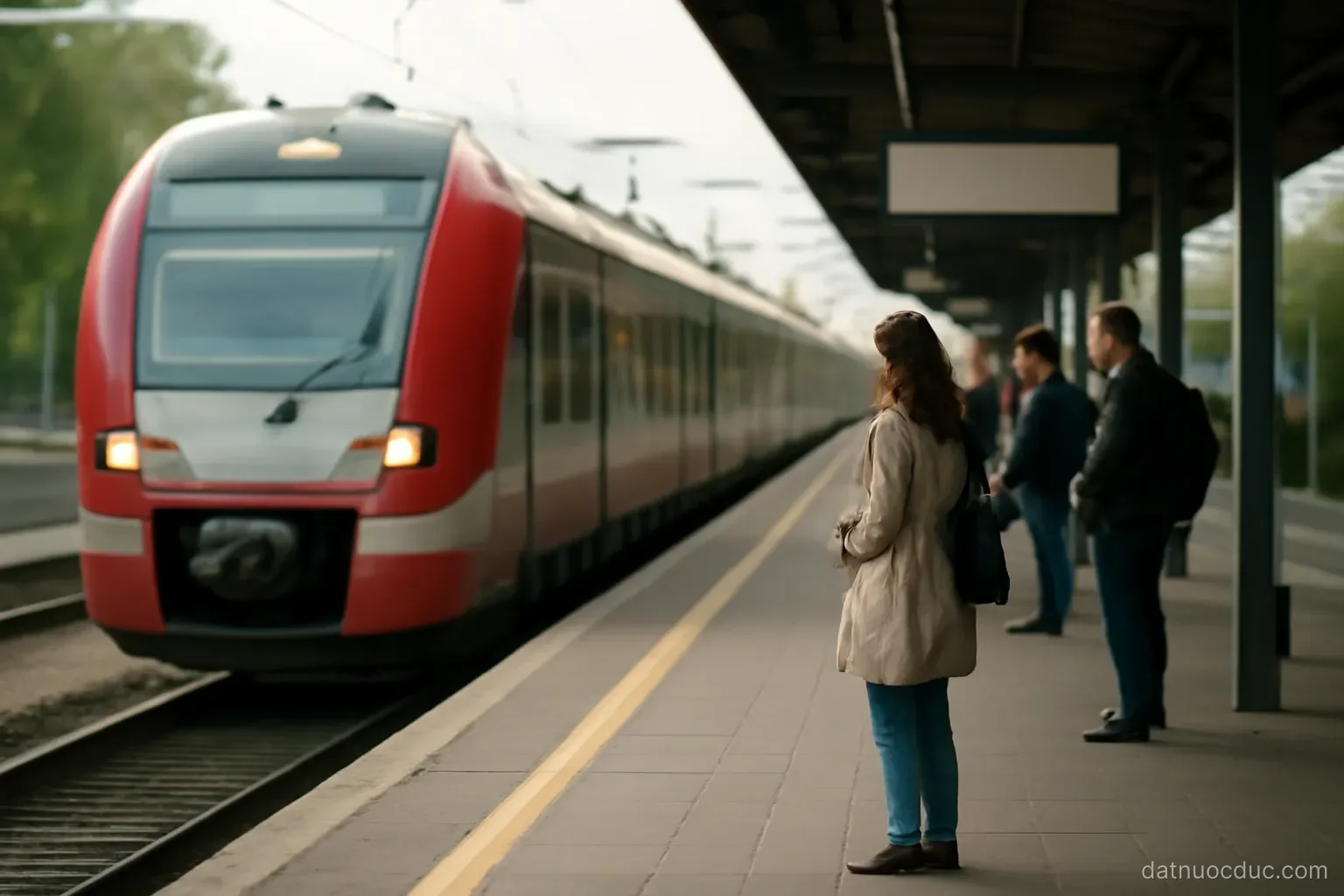 A railway platform with a train arriving and passengers waiting, side view, no readable text