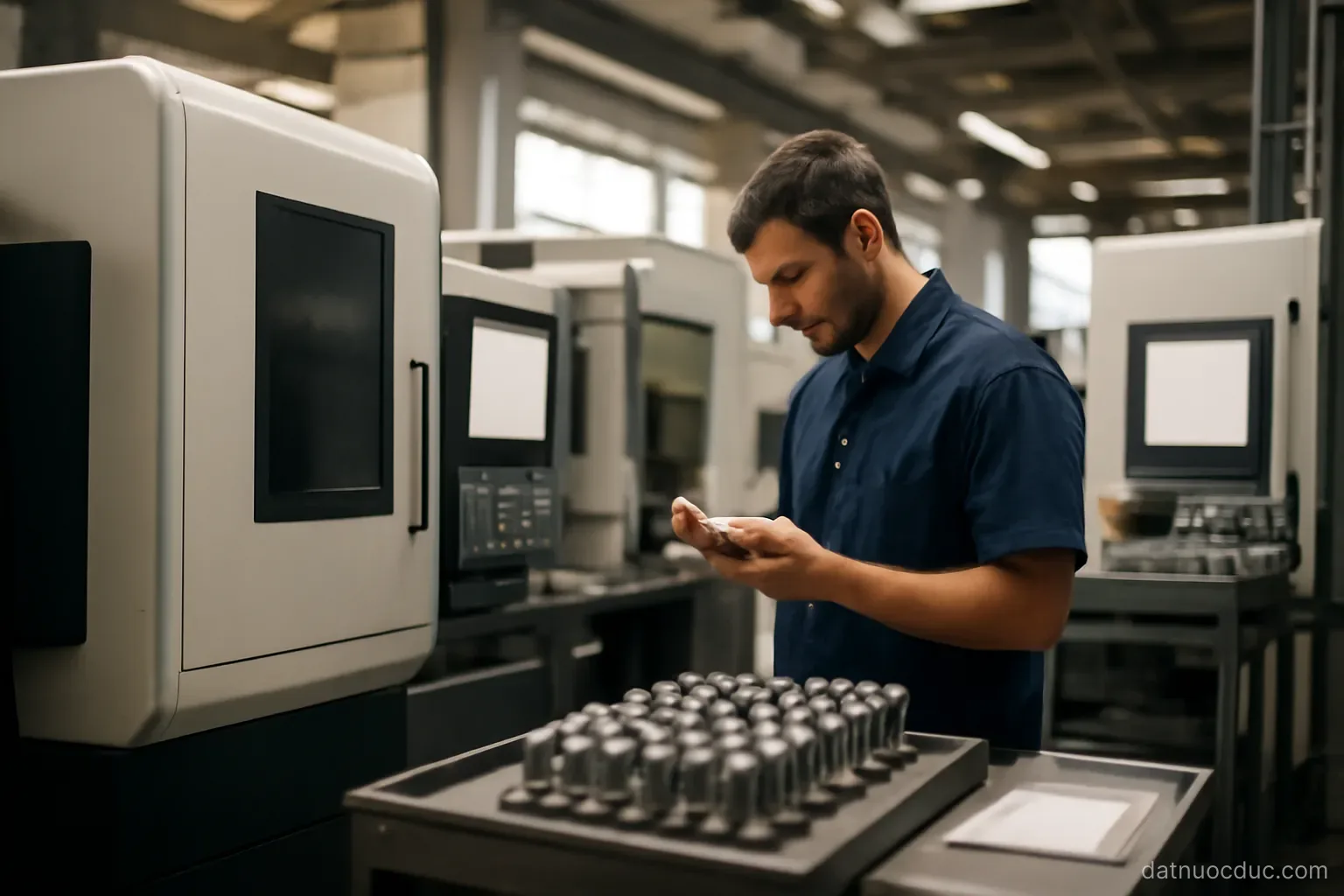 A small factory floor with precision machinery and a worker inspecting parts, no readable text
