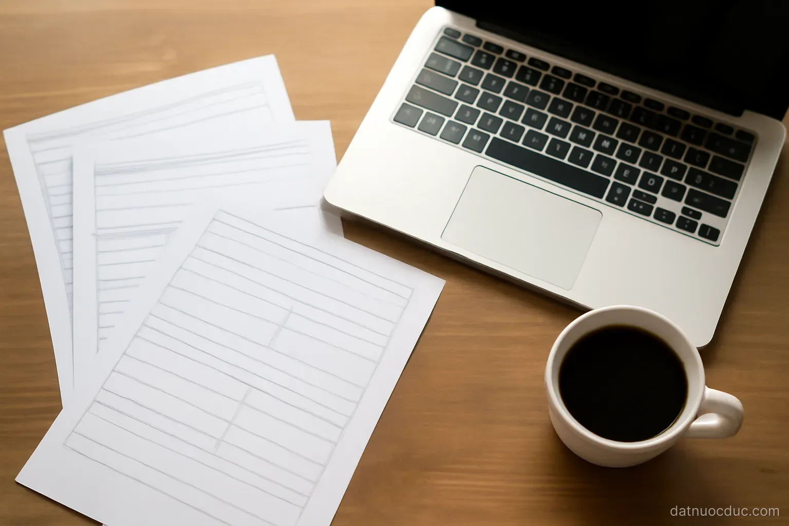 A desk with application forms, a laptop and a coffee cup, top-down view, no readable text