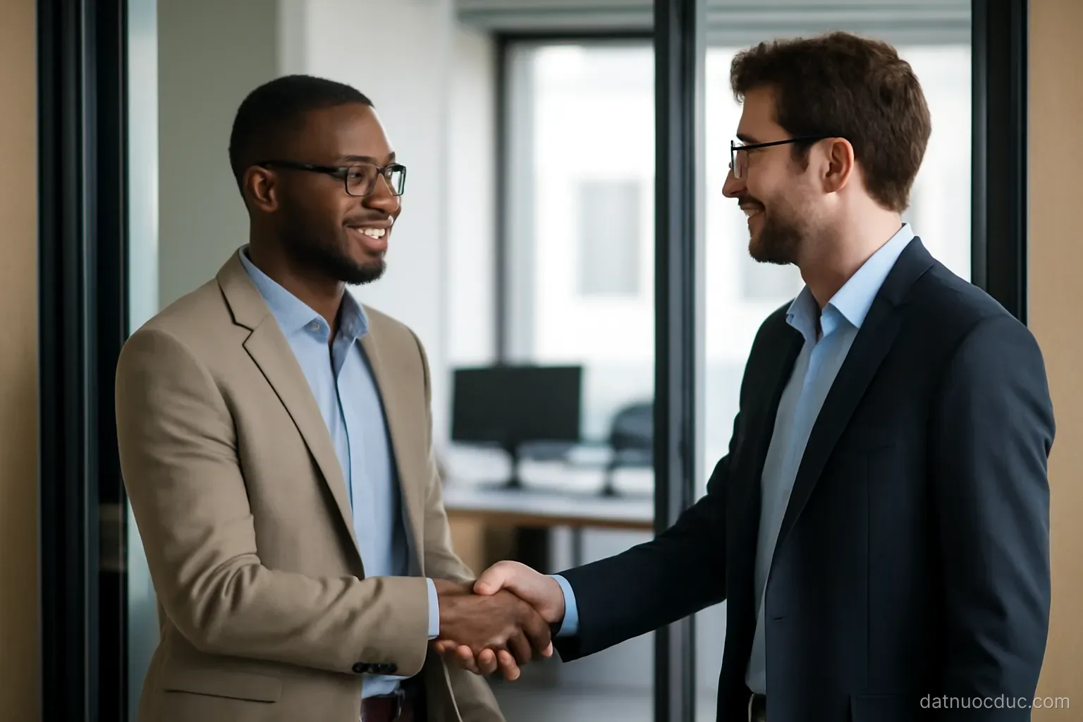 Two colleagues shaking hands in an office doorway, mid shot, no readable text