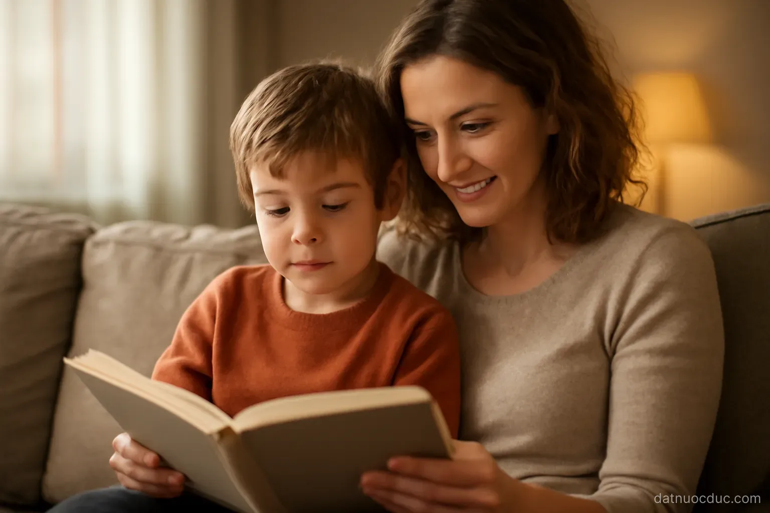 A child and an adult reading a book together on a sofa, warm indoor light, no readable text