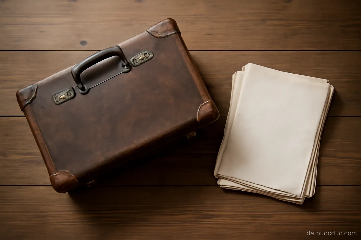 An old suitcase and folded documents on a wooden floor, top-down view, no readable text