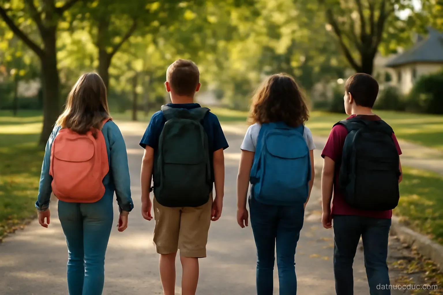 Children walking to school with backpacks on a tree-lined street, no readable text
