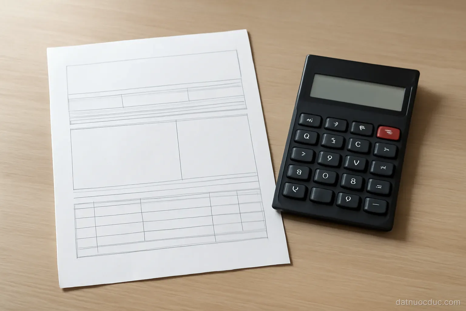 A payslip document and a calculator on a desk, top-down view, no readable text