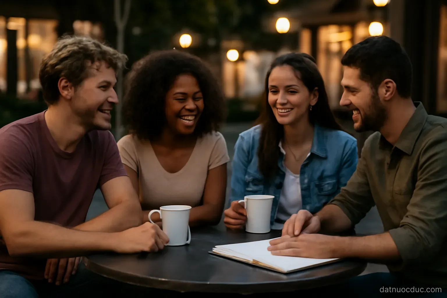 Friends sitting together at an outdoor cafe table in the evening, no readable text
