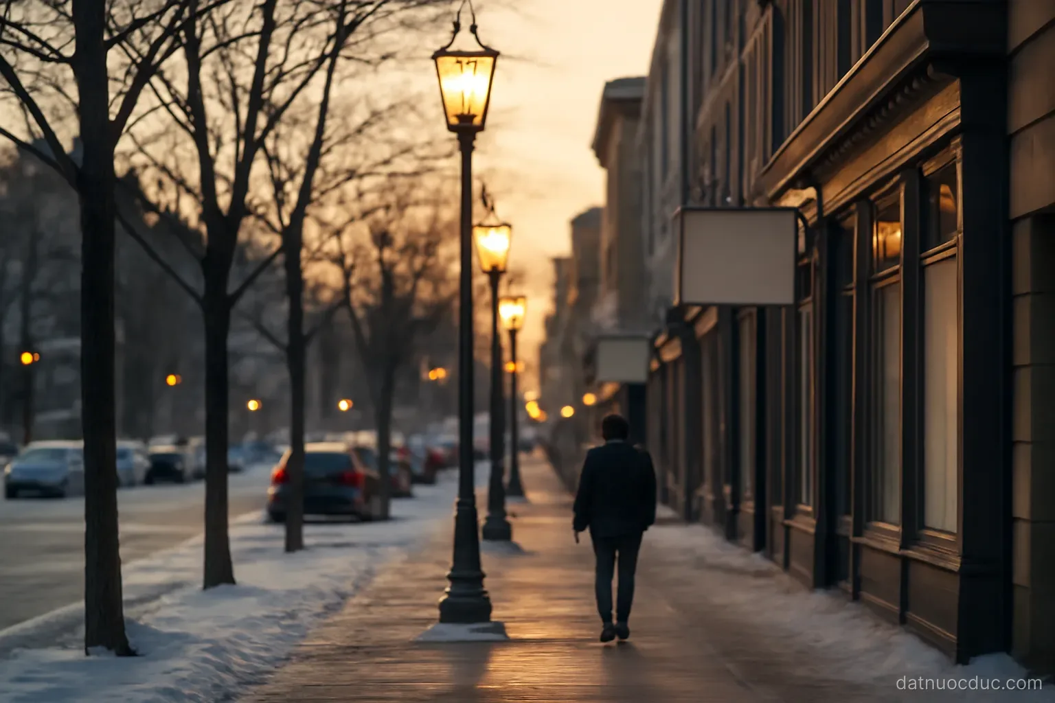 A city street at late afternoon in winter with street lamps already lit, no readable text