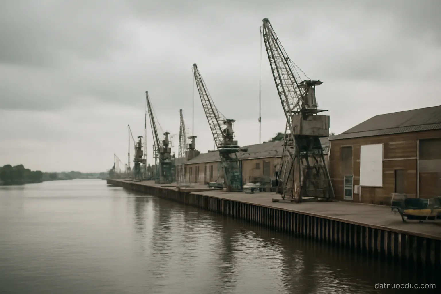 A harbour with cranes and warehouses beside a wide river, overcast sky, no readable text