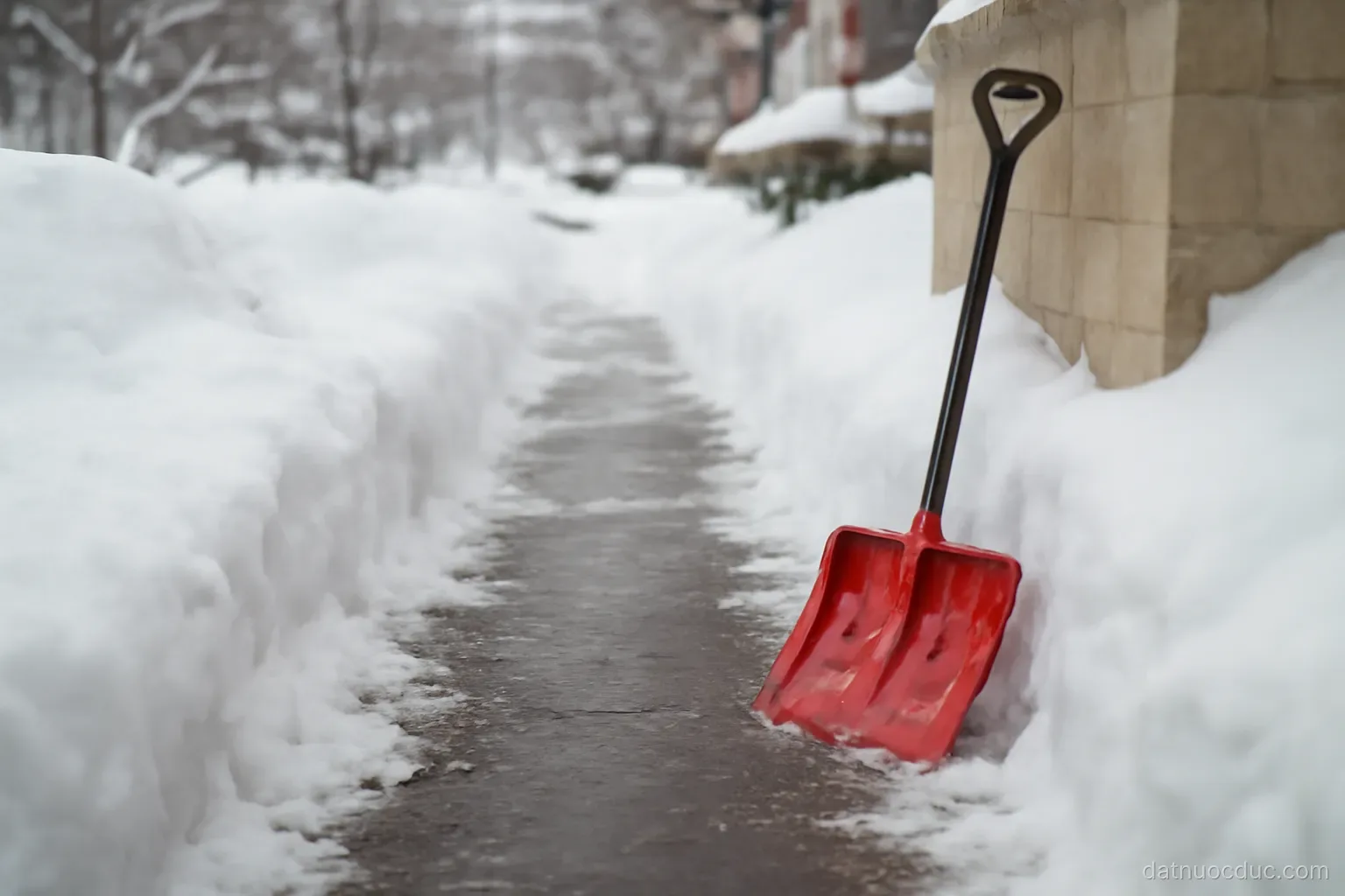 A snowy residential pavement with a cleared path and a shovel leaning on a wall, no readable text