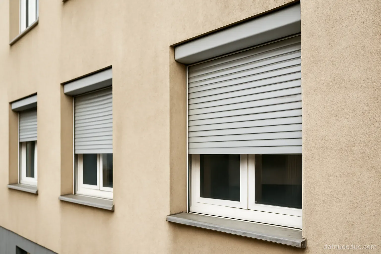 A residential building facade with external roller shutters partly lowered, no readable text
