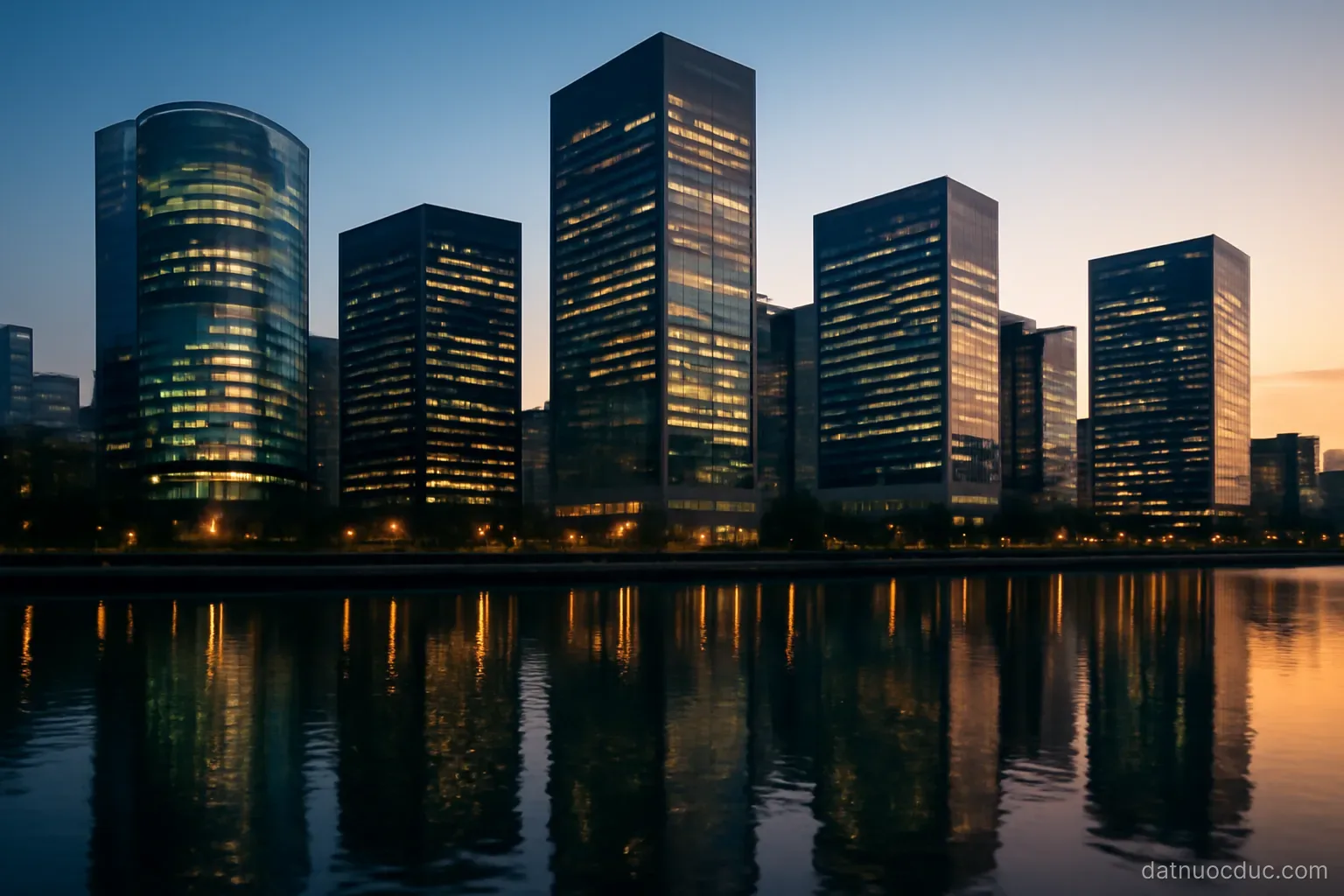 A cluster of glass office towers reflected in a river at dusk, wide view, no readable text