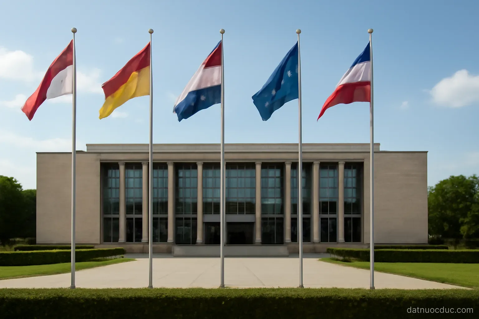 A regional parliament building with flags in front, wide daytime view, no readable text