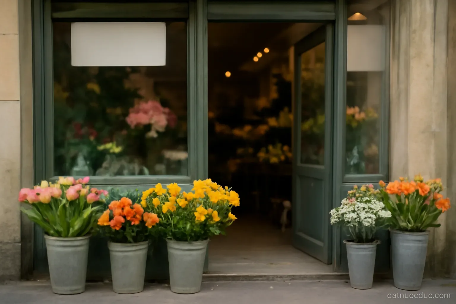 A small flower shop with buckets of cut flowers at the entrance, no readable text