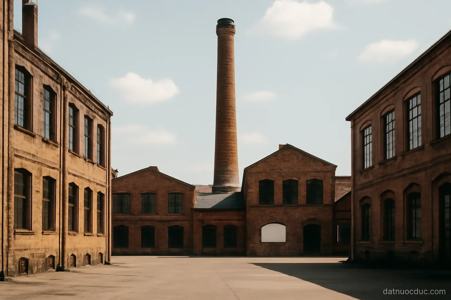 A converted industrial complex with brick buildings and a tall chimney, wide view, no readable text