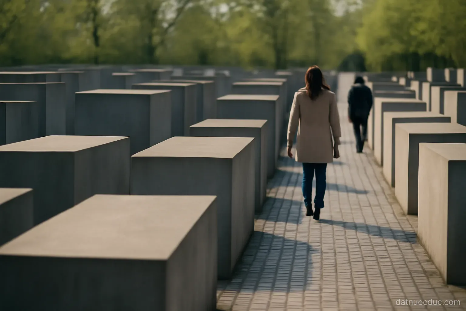 A quiet memorial site with stone blocks and visitors walking between them, no readable text