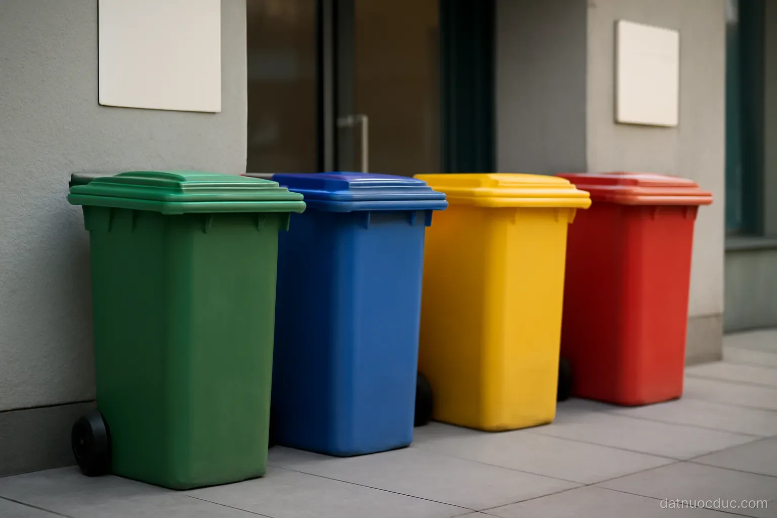 A row of coloured waste bins beside a building entrance, no readable text