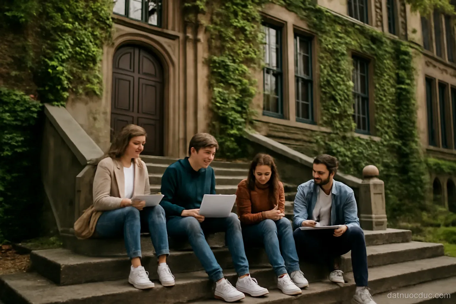 An old university building with ivy-covered walls and students on the steps, no readable text