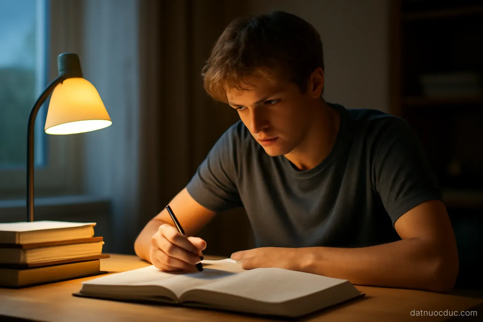 A teenager studying at a desk with books and a lamp in the evening, no readable text