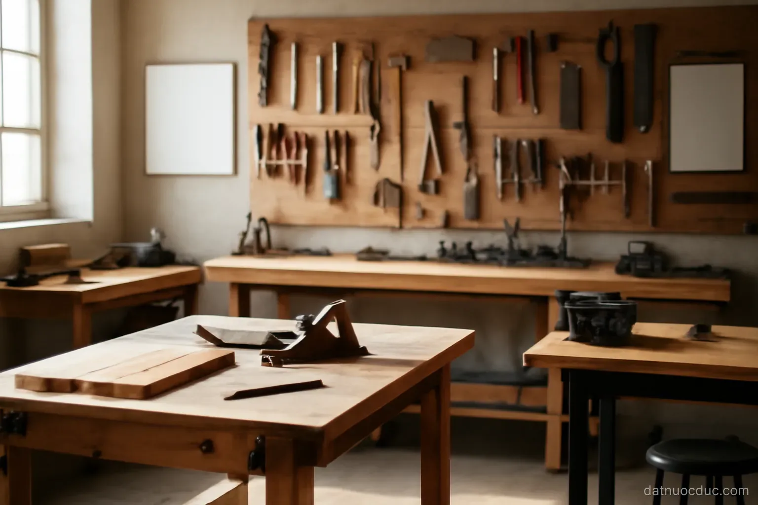 A workshop with several workstations and tools arranged on a wall, no readable text