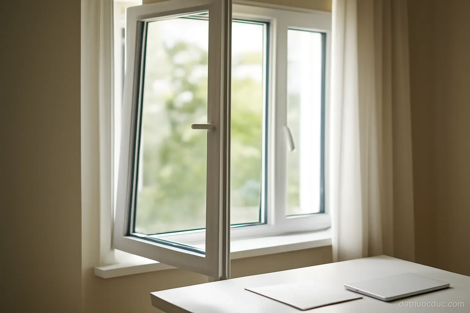 A tilt-and-turn window opened wide in a bright room, interior view, no readable text
