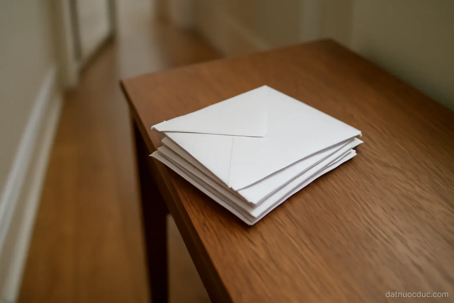 A stack of unopened envelopes on a hallway table, top-down view, no readable text