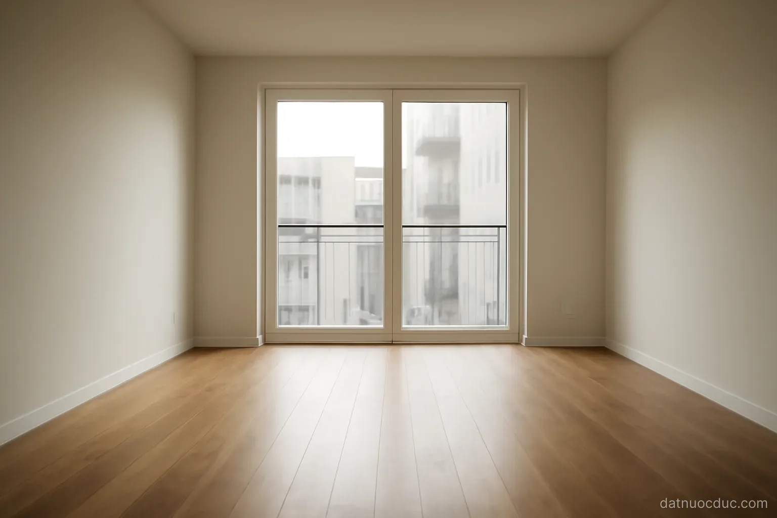 An empty apartment room with wooden floor and large windows, interior view, no readable text