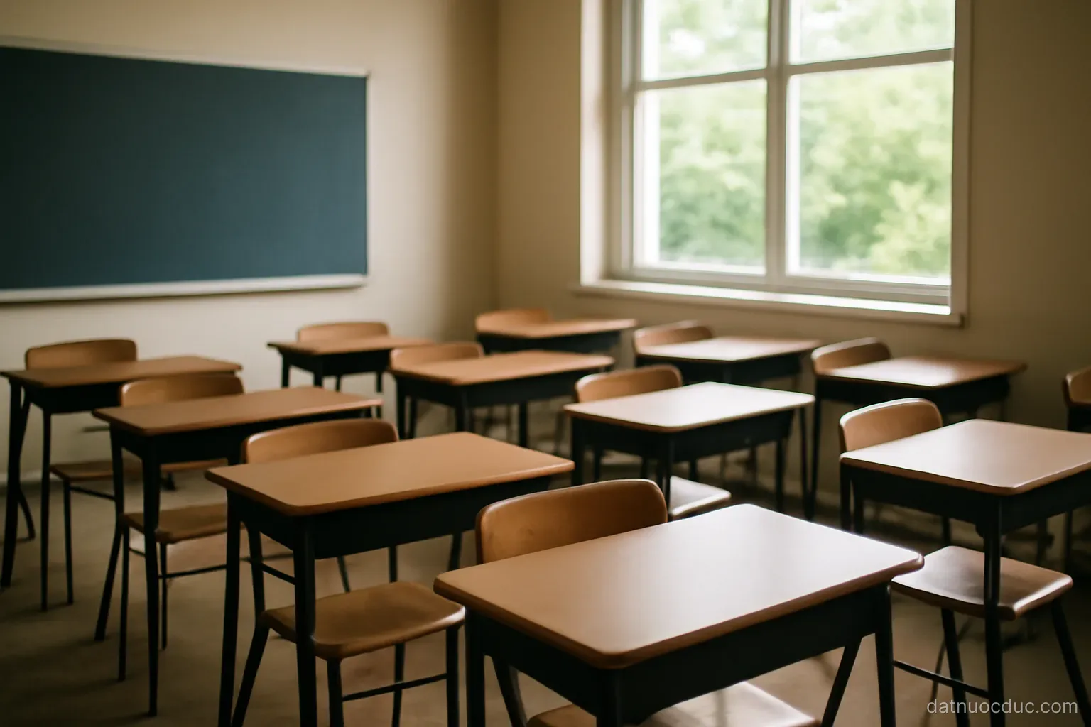 A classroom with empty desks and a large window, interior view, no readable text