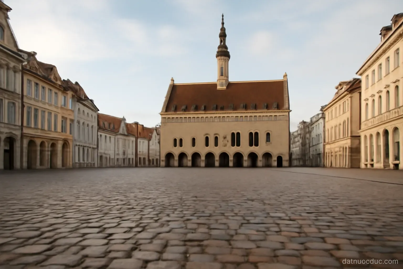 A historic city hall square with cobblestones and surrounding old buildings, wide view, no readable text